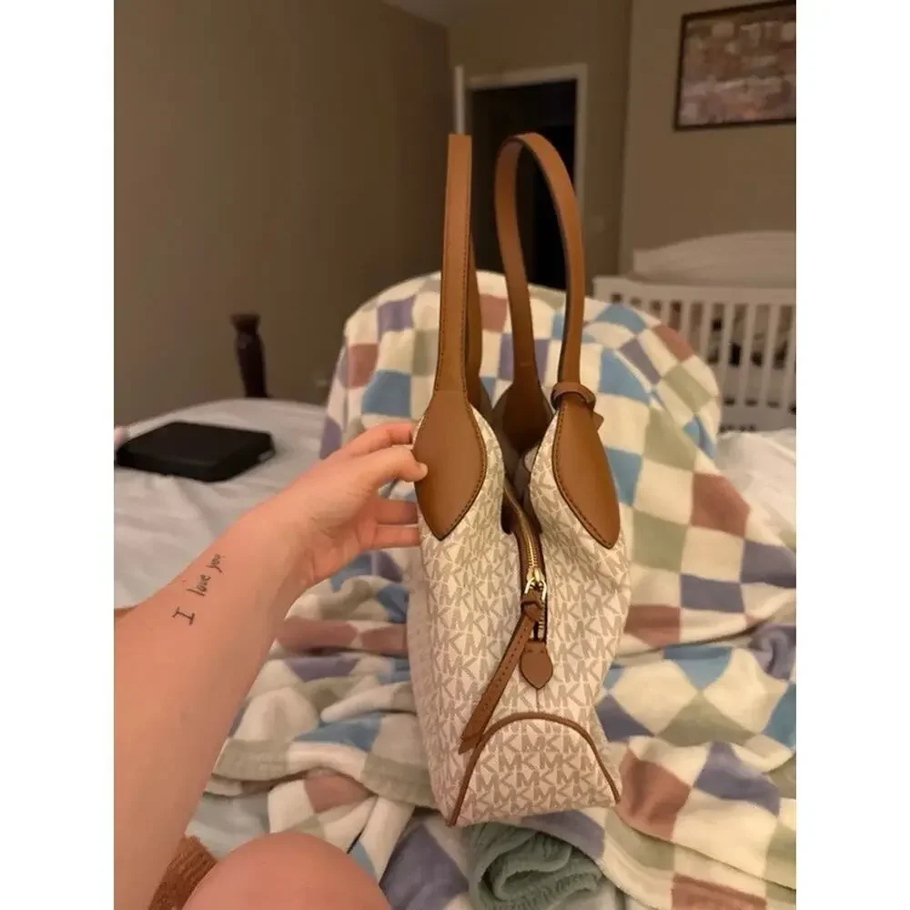 Michael Kors Signature Monogram Large Zip Tote Beige Brown Shoulder Strap Gold